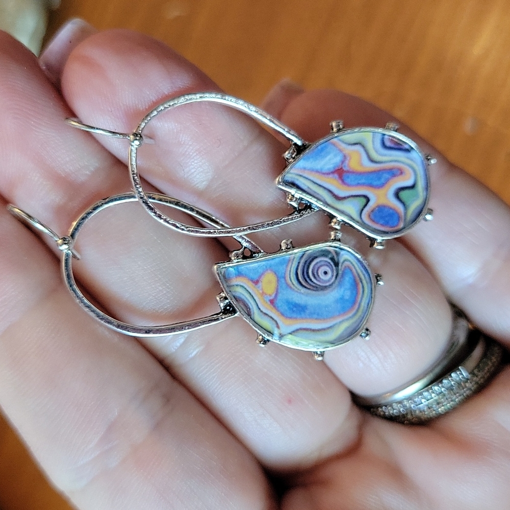 Rainbow Agate Style Teardrop Dangle Earrings, Silver - Picture 2 of 6